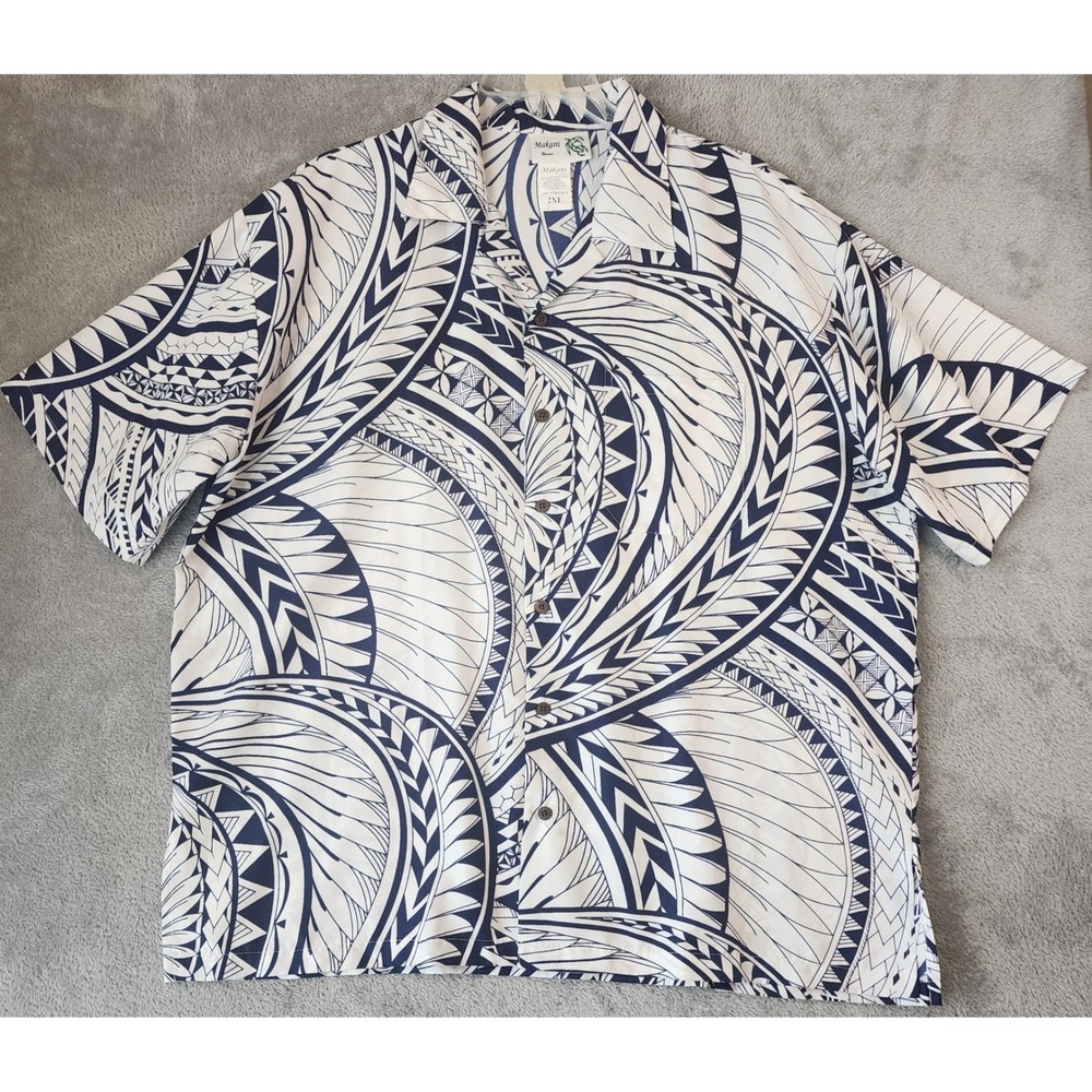 Makani Hawaii Shirt Mens 2XL Navy White Tribal Hawaiin Polynesian Vacation Top